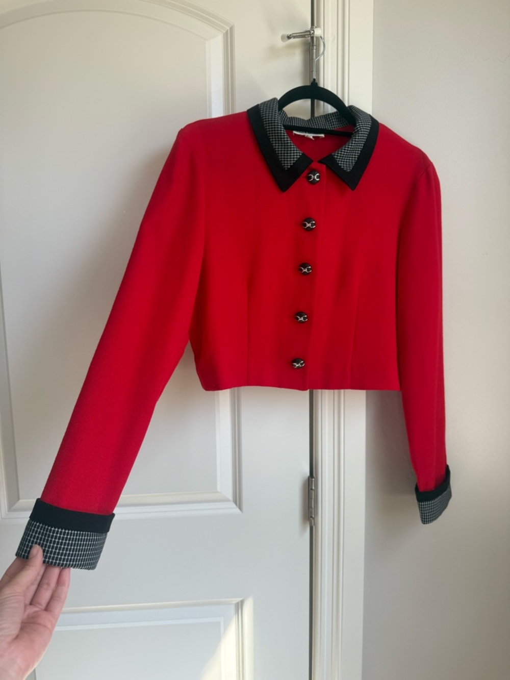 Cropped Red Women's Blazer with Contrast Black Collar